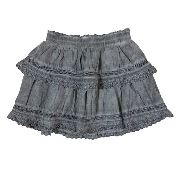 KatieJ NYC Gray Ruffle Mini Skirt S Boho Lace Tiered Soft Stretch Cottagecore - Picture 1 of 4